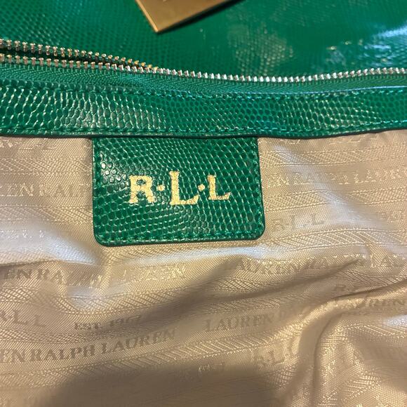 Lauren Ralph Lauren Emerald Lizard Embossed Leather RLL Gold Hardware Large Bag - Picture 8 of 16